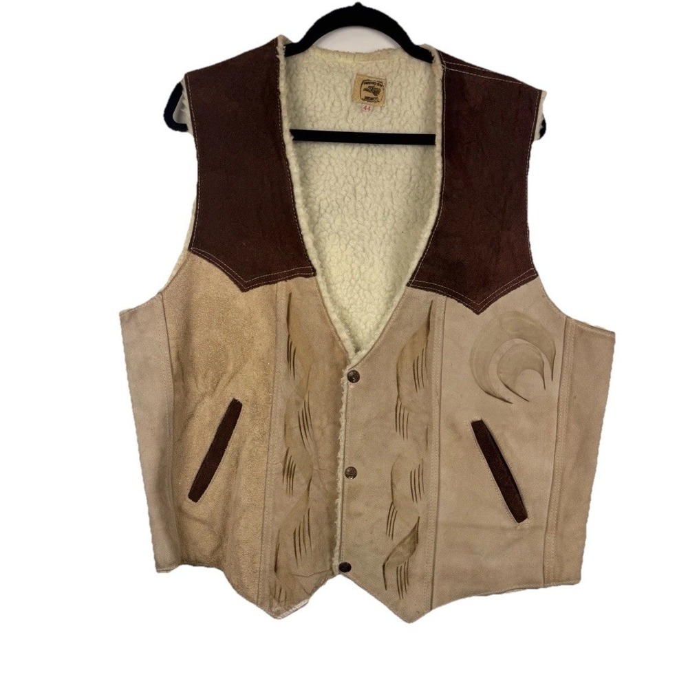 Vintage Rancho Suede Leather Vest Sherpa Lined Western Sz 44 Novelty Horse Print